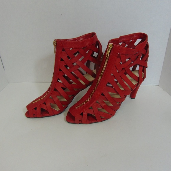 Ashro Shoes - Ashro Serrato Red Cage Bootie Gold Zip Shoes Sz 7